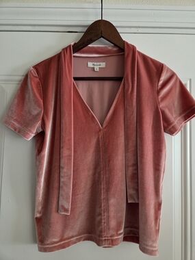 Madewell Rose-Pink Velvet V-Neck Short-Sleeve Top with Tie